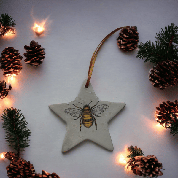 Bumblebee Ceramic Star Double Sided Hanging Christmas Decoration 