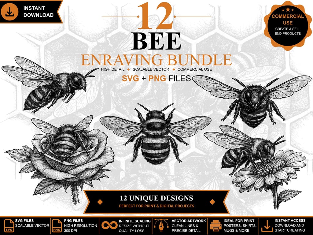12 Vintage Bee Engraving SVGs Bee Clipart Bundle (Digital Download)