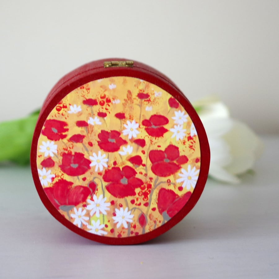 Red Poppy Round Jewellery Box, Valentine's Gift for Her