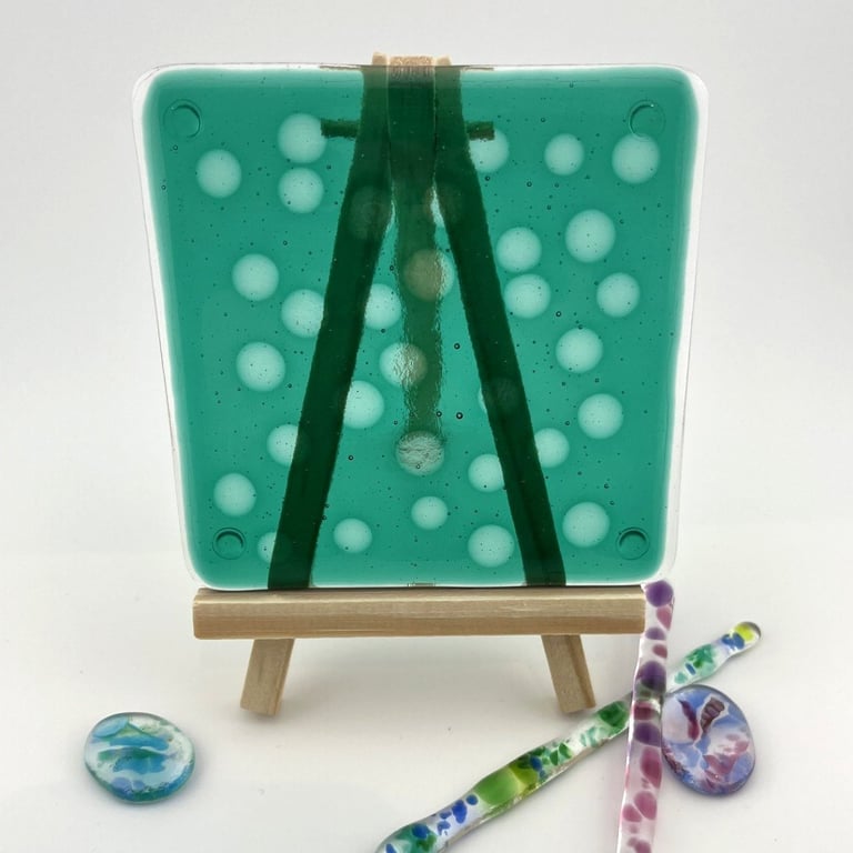 Fused glass green dot coaster