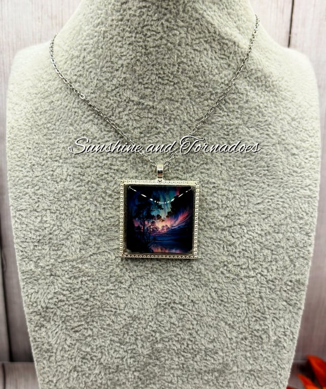 Northern Lights Pendant Necklace - Handmade Glass Cabochon Necklace - Pendant