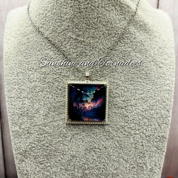 Northern Lights Pendant Necklace - Handmade Glass Cabochon Necklace - Pendant