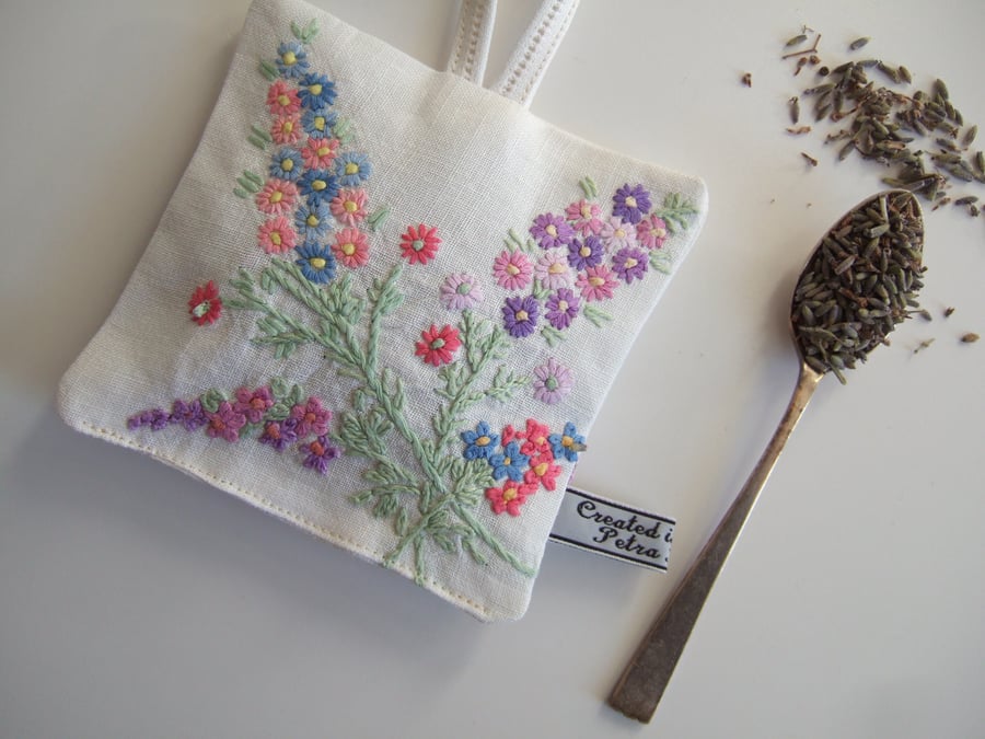  Large vintage embroidered lavender bag with dried Yorkshire lavender.