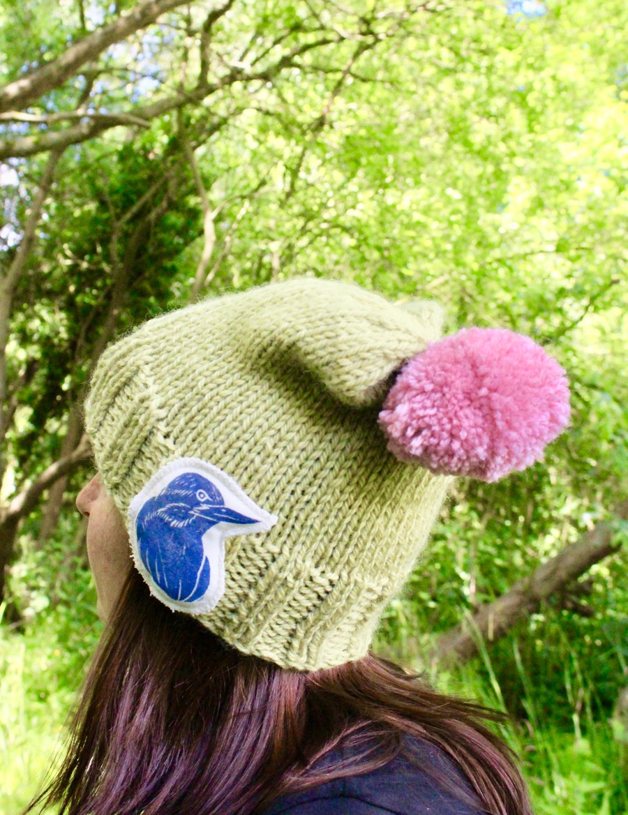 Hand Knitted Beanie, green beanie with bird brooch