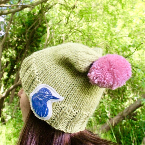 Hand Knitted Beanie, green beanie with bird brooch