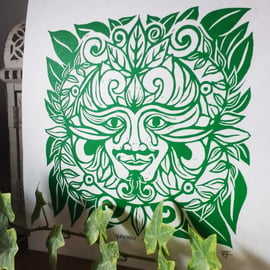 Green Man - lino print of a leafy greenman