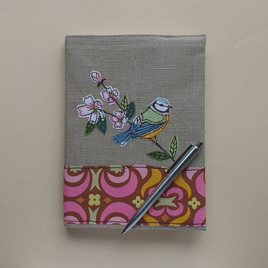 Notebook Cover with Embroidered Blue-tit and Blossoms