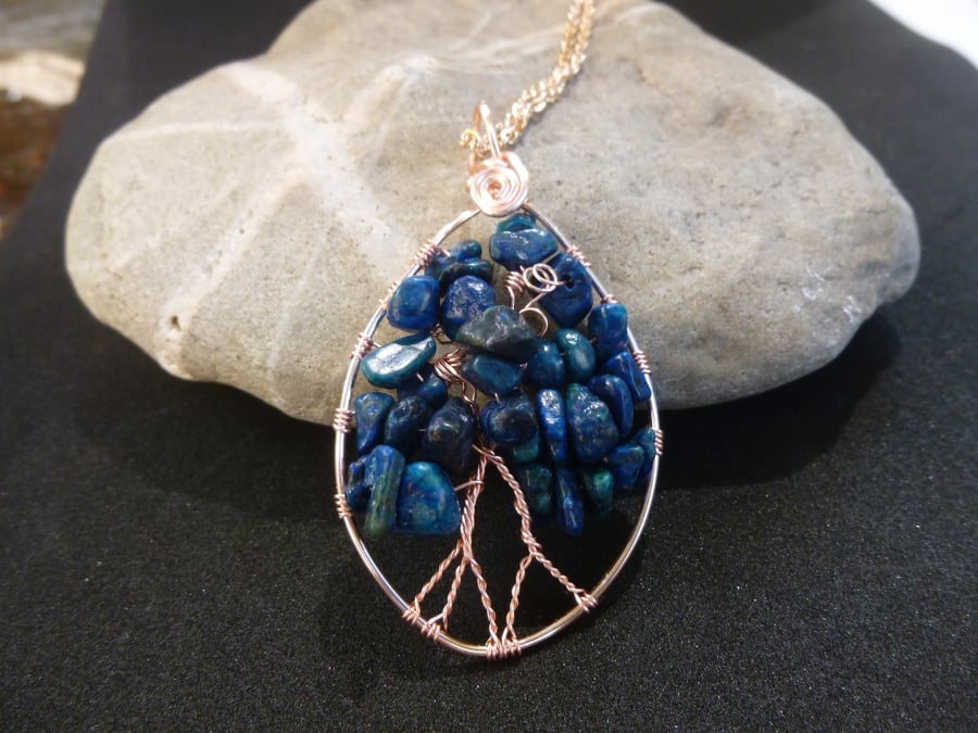 Teardrop Lapis Lazuli Tree of Life Pendant Necklace