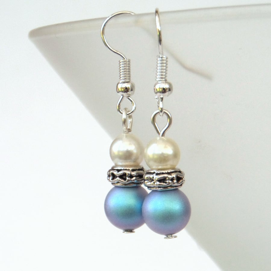 Swarovski® crystal pearl earrings, with light blue and ivory crystal pearls