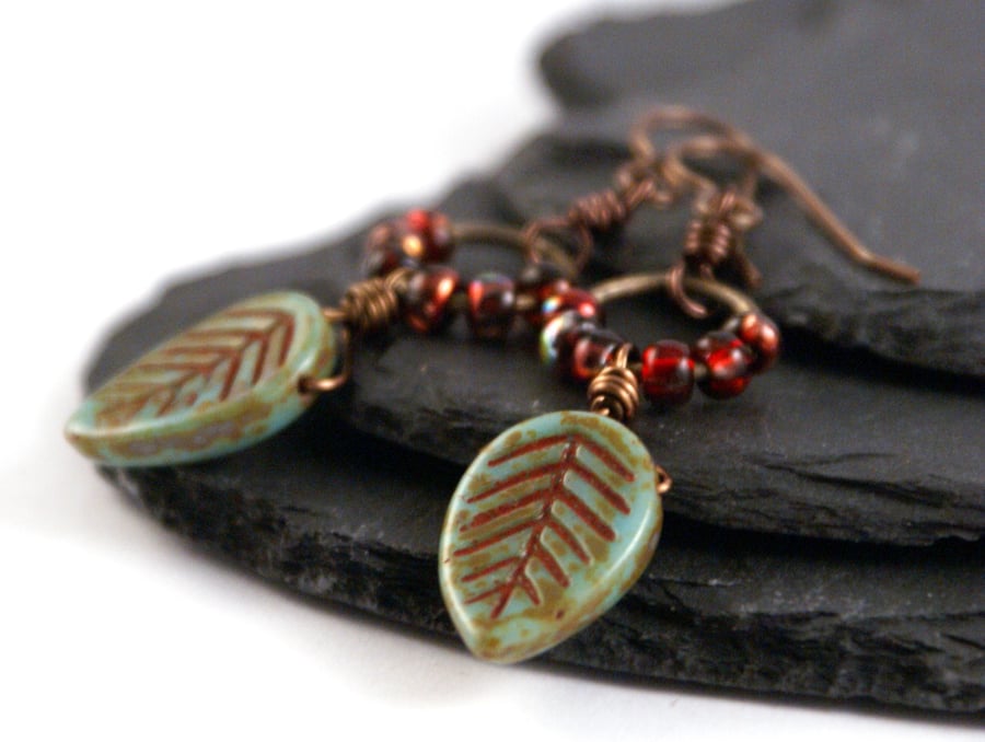 Rustic Green Leaf Earrings