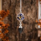 BLACK SPINEL & Real Flower Necklace, Sterling Silver Pendant