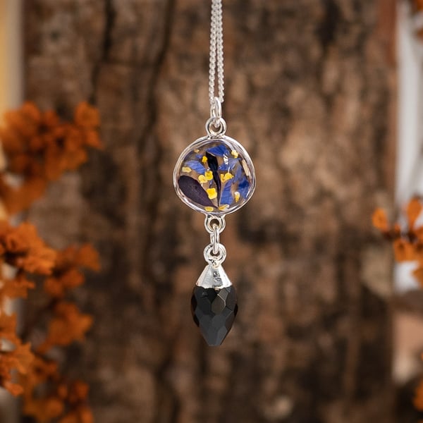 BLACK SPINEL & Real Flower Necklace, Sterling Silver Pendant