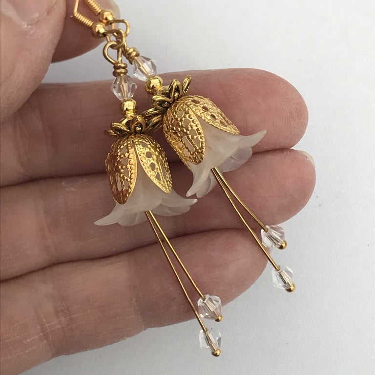 White Lucite and Gold Flower Drop Earrings