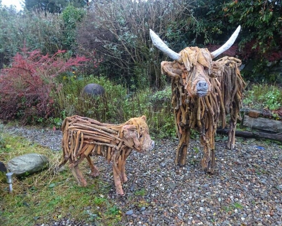 Highland Cow and Calf Large driftwood Garden Sculpture