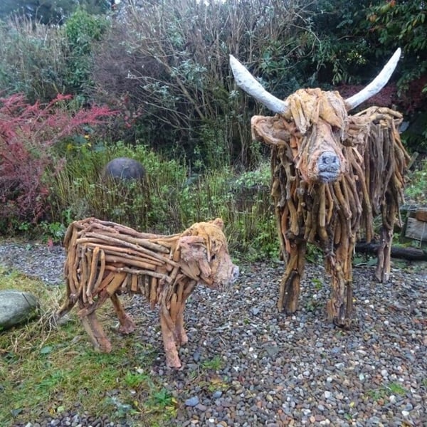 Highland Cow and Calf Large driftwood Garden Sculpture