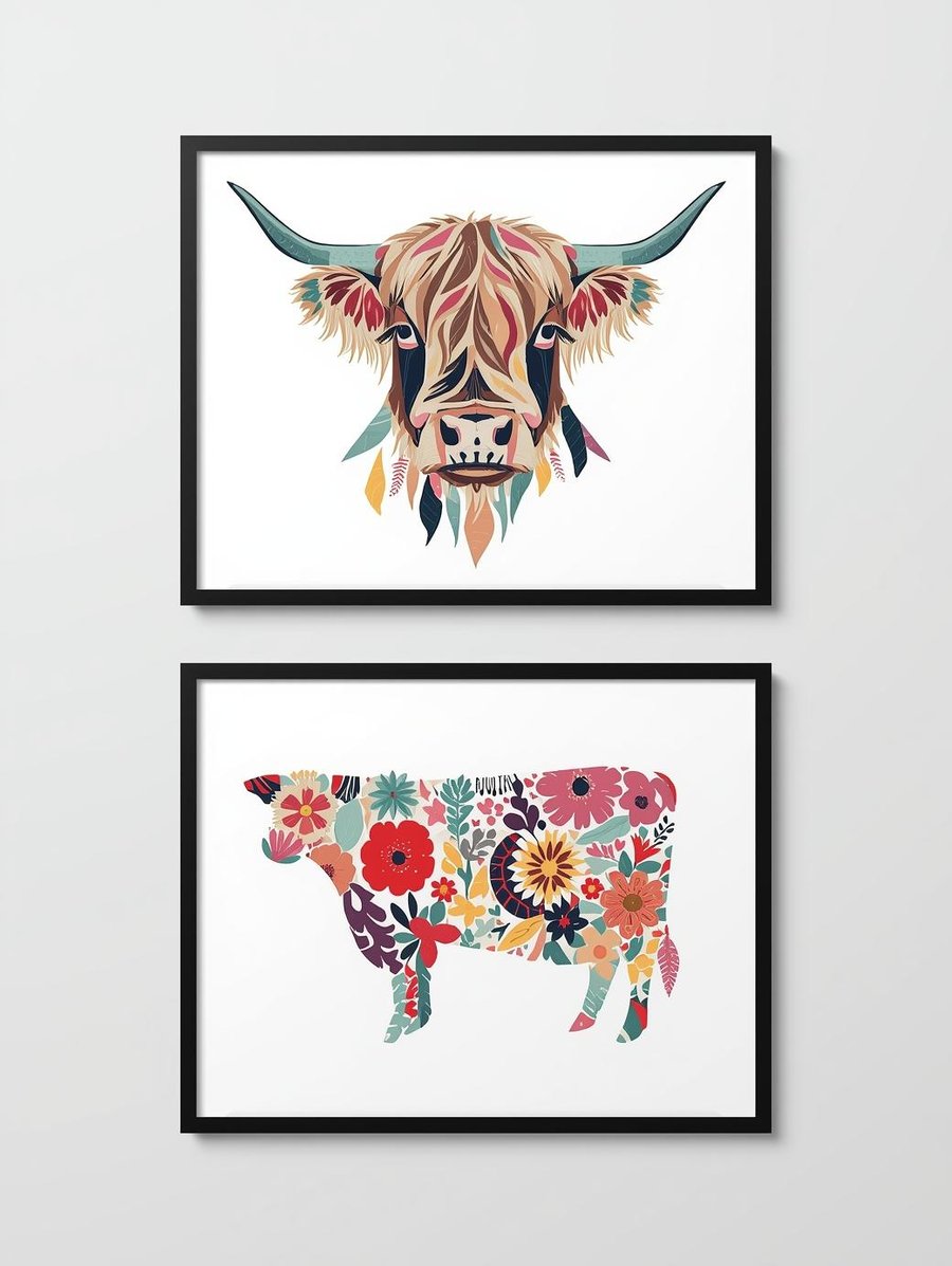Set of 2 Highland Cow Prints – A4 Scottish Wall Art