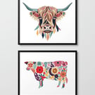 Set of 2 Highland Cow Prints – A4 Scottish Wall Art