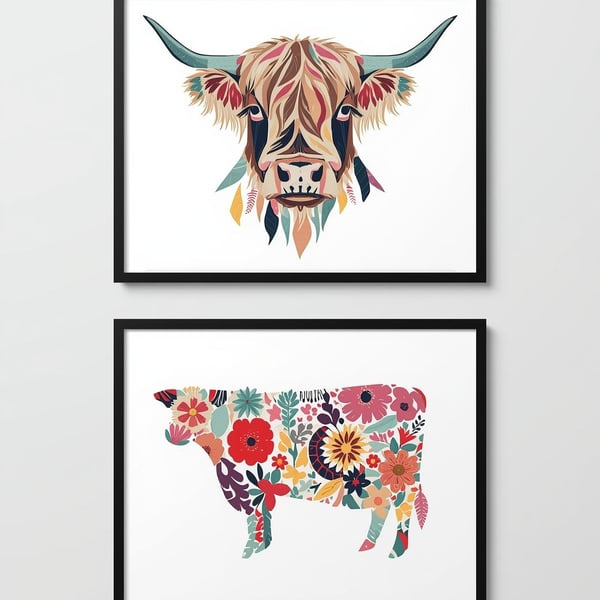 Set of 2 Highland Cow Prints – A4 Scottish Wall Art
