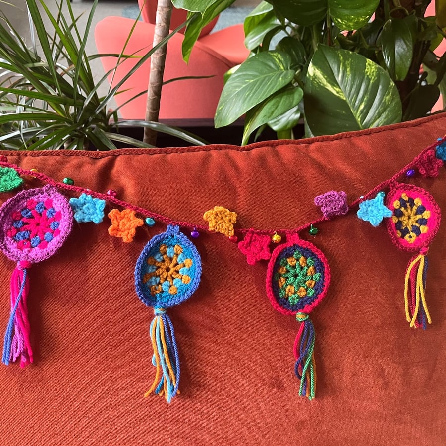 Bauble and Bell Bunting, crochet in jewel colours