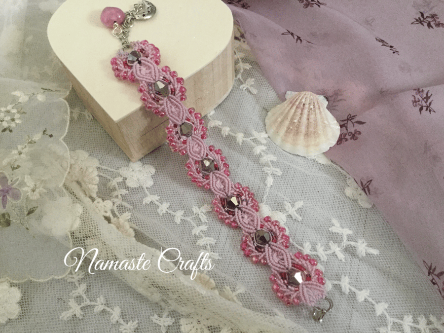 Rose Pink micro macrame beaded bracelet, boho jewellery, yoga, gift, bohemian