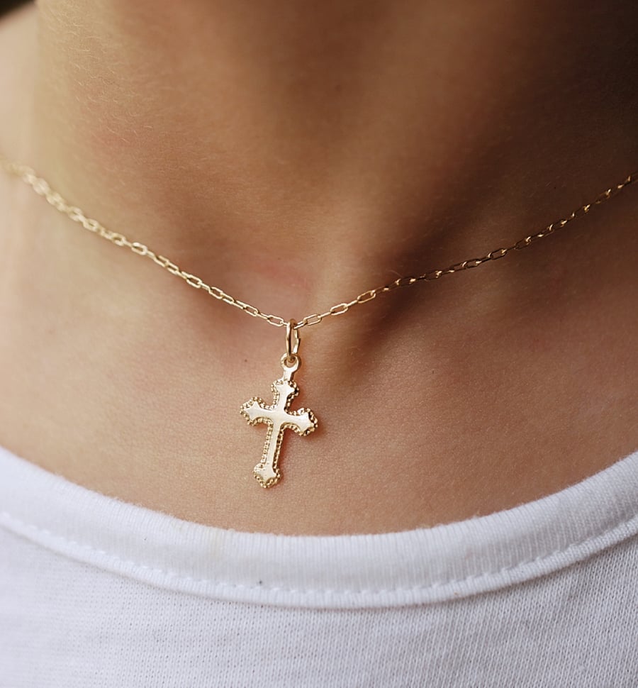 Cross Newborn necklace, Child crucifix necklace, 14k gold fill dainty necklace