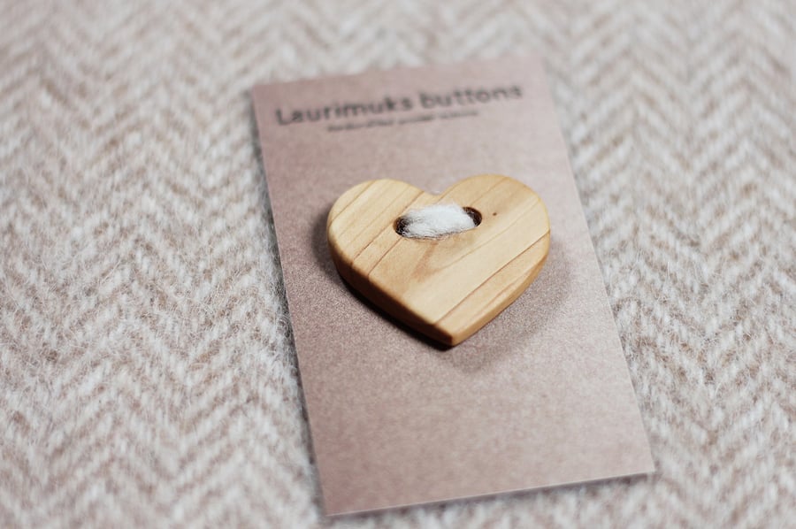 Button wooden handcrafted, natural timber, heart shape