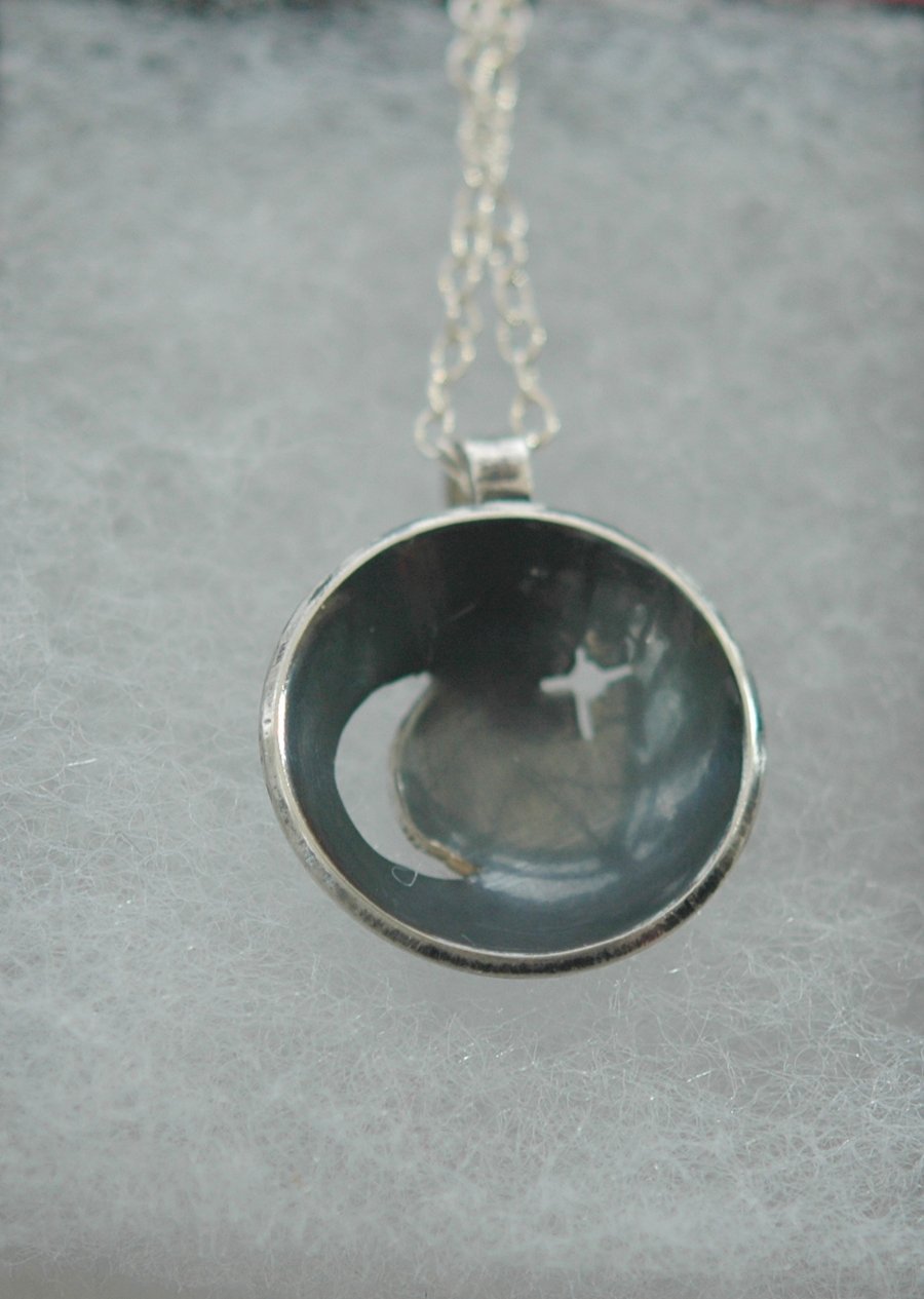 Moon and Star Domed Pendant in Sterling Silver, P83