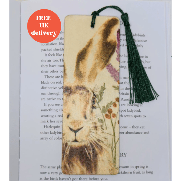 Hare wooden bookmark, British wildlife gift for an animal lover, sale 