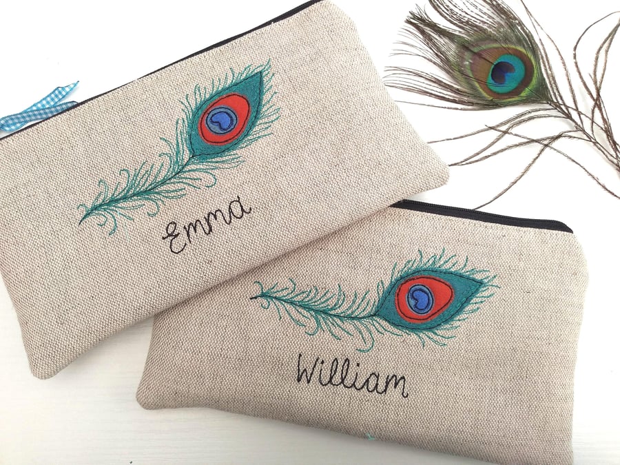 Personalised Peacock Feather Makeup Bag - Custom Design Cosmetic Case