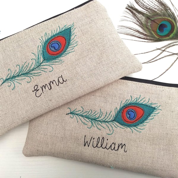 Personalised Peacock Feather Makeup Bag - Custom Design Cosmetic Case