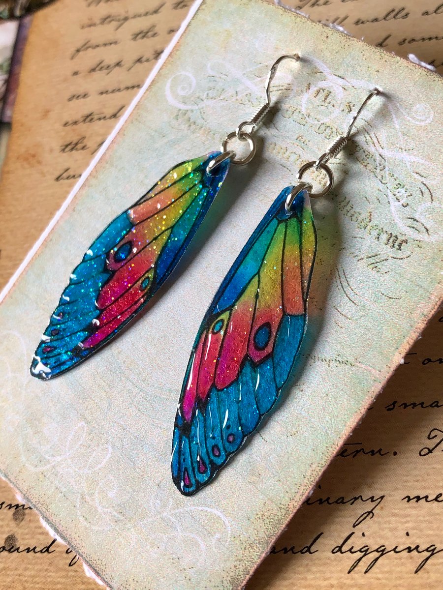 Colourful Fairy Wing Sterling Silver Earrings Blue Pink Orange Yellow