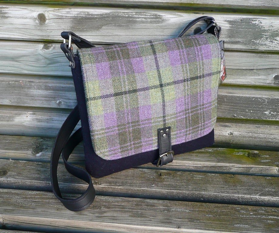 Purple green navy tartan crossbody bag british tweed shoulder bag messenger bag