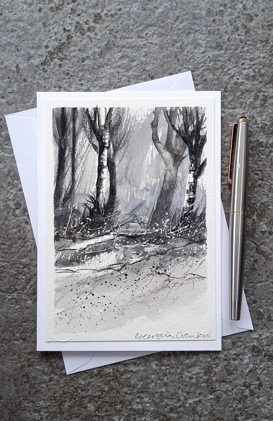Handpainted Blank Card. Woodland. Black and White. Wall Art. Trees