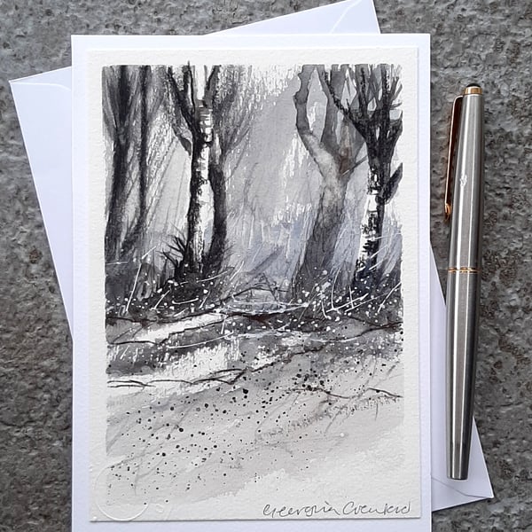 Handpainted Blank Card. Woodland. Black and White. Wall Art. Trees