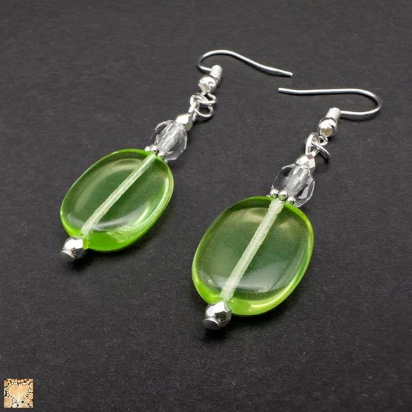 Handmade Green Glass Oval Bead Earrings