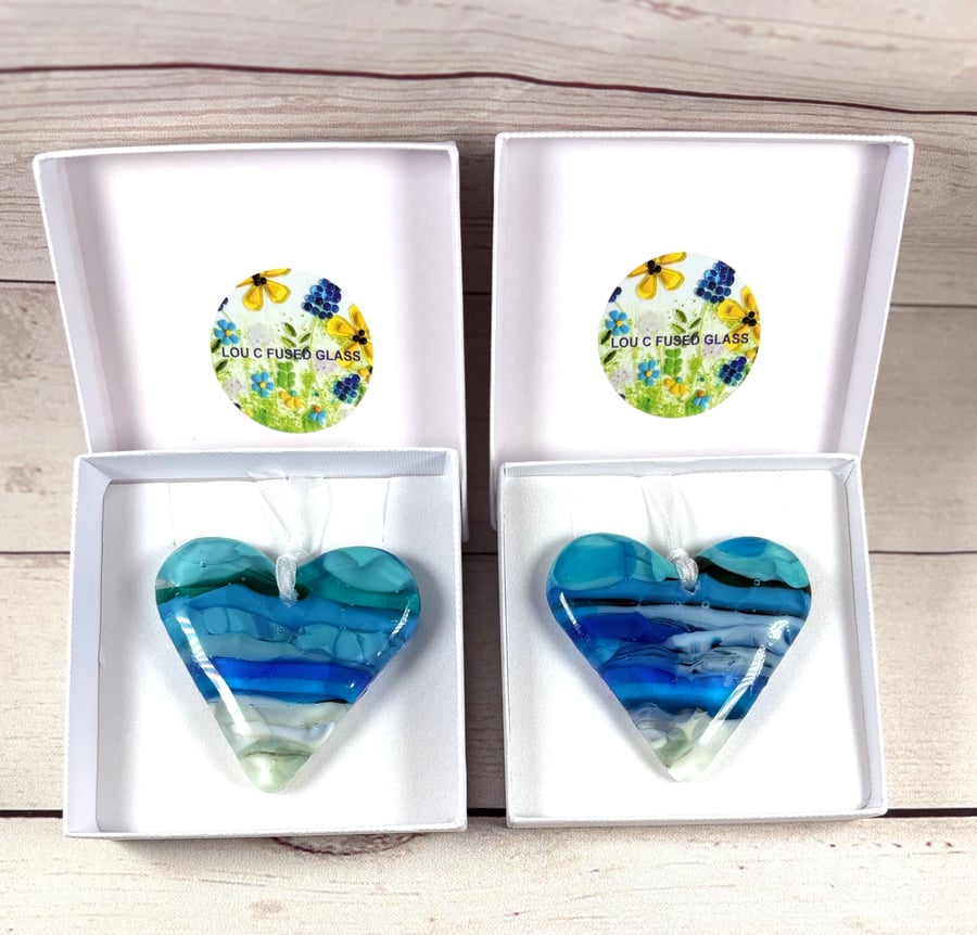 Sea themed fused glass heart hanging 