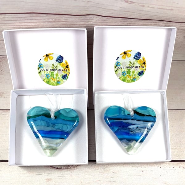 Sea themed fused glass heart hanging 