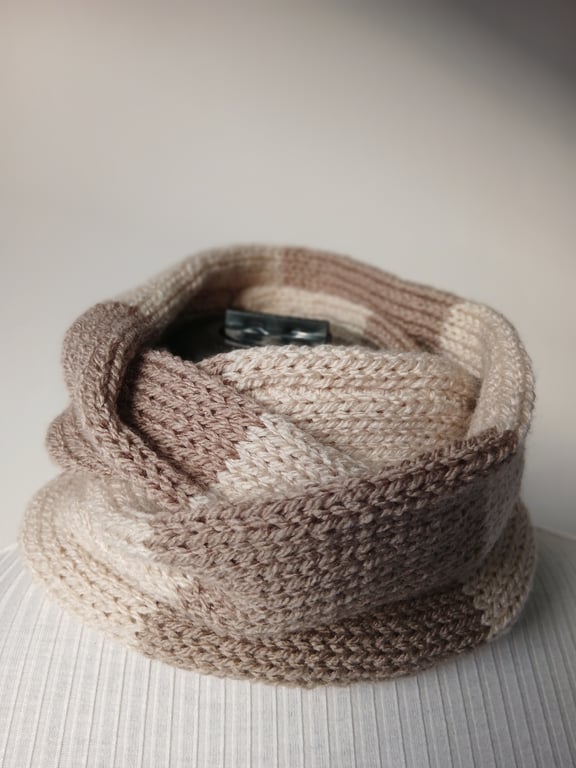 Knitted striped cream and brown infinity scarf cowl