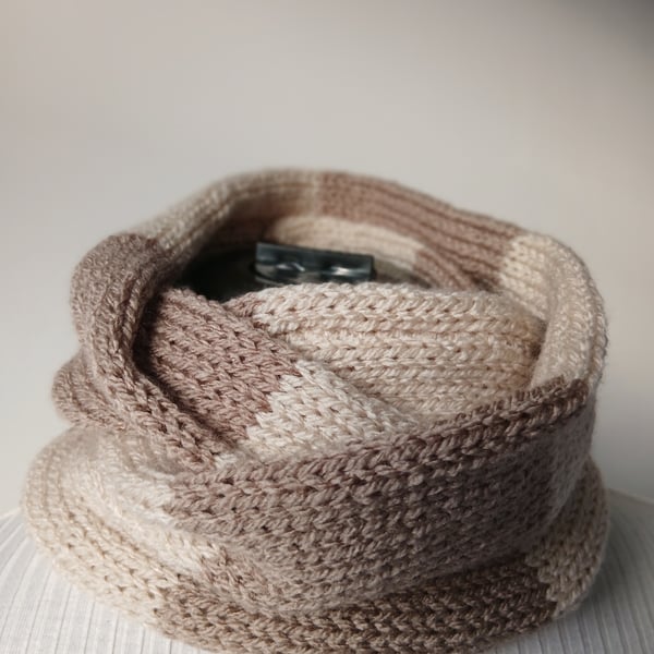 Knitted striped cream and brown infinity scarf cowl