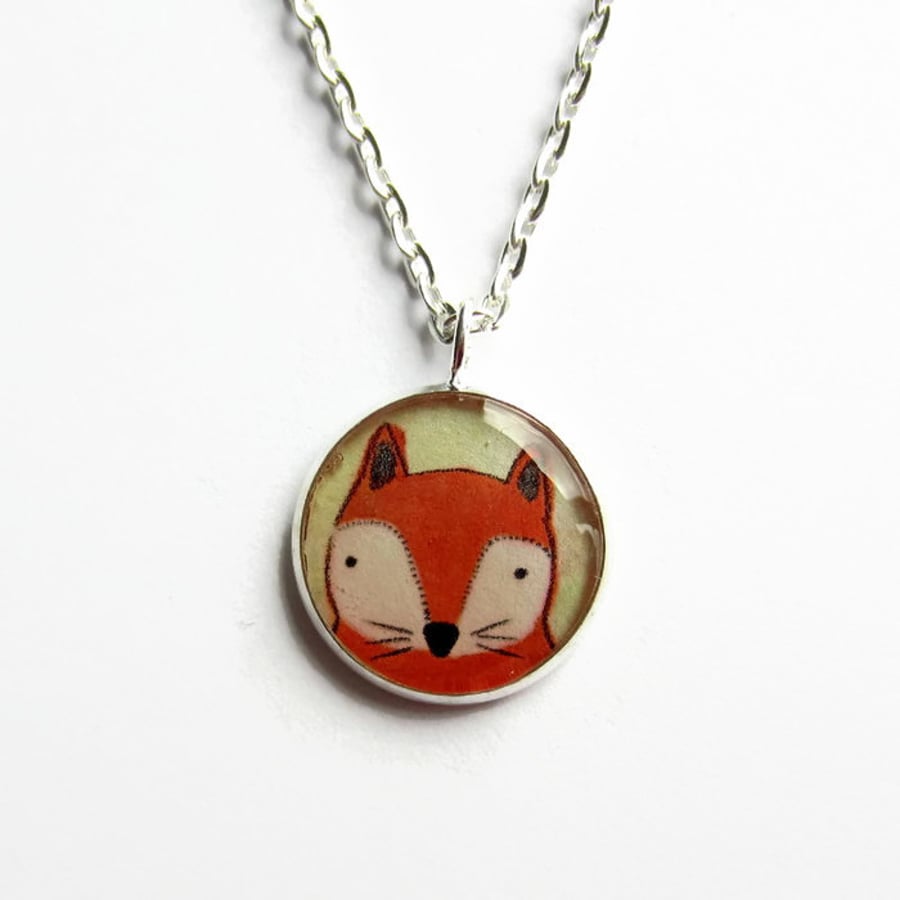 Cute Fox Necklace, Small Red Fox Picture Pendant, 18mm