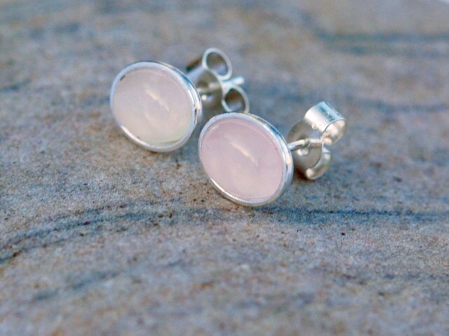 Sterling Silver Oval Stud Earrings with Rose Quartz Gemstones