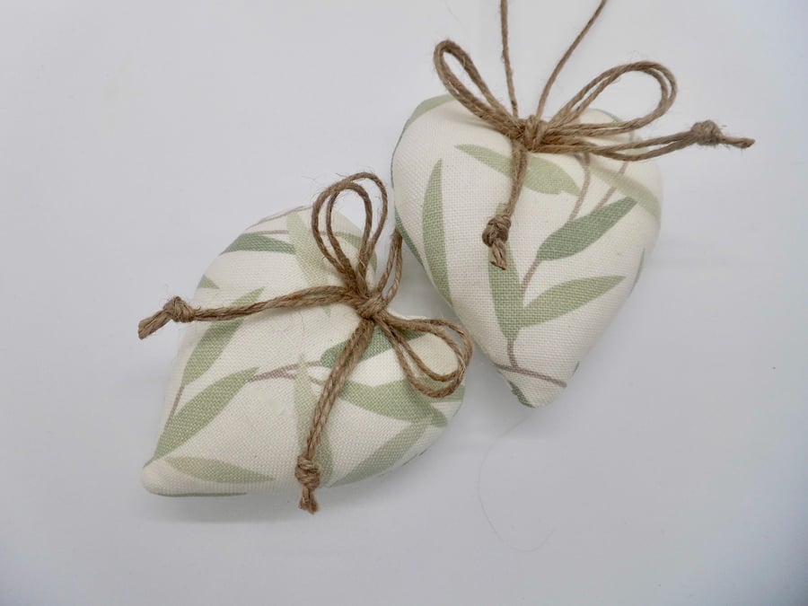 Pair heart shape decorations Laura Ashley green willow leaf 