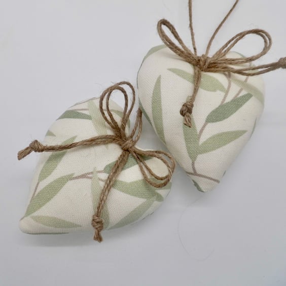Pair heart shape decorations Laura Ashley green willow leaf 