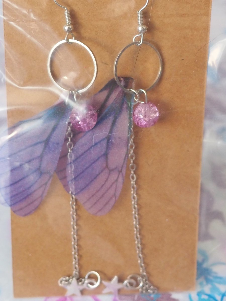 Butterfly Wing Dangle Earrings Lilac Wings with a Chain and Star Charms