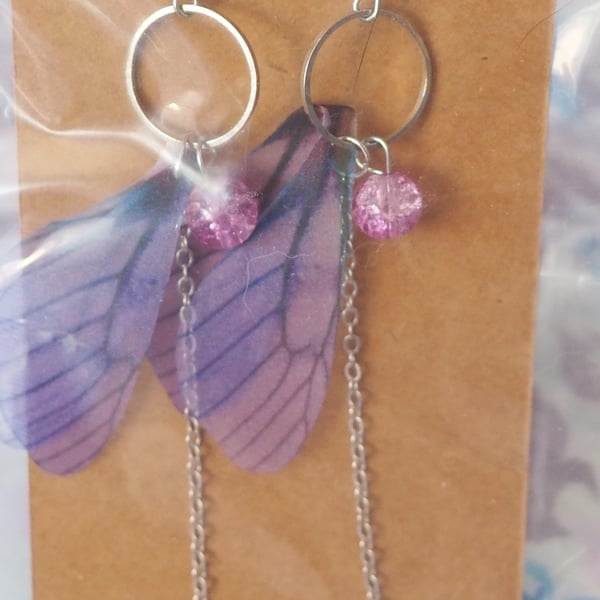 Butterfly Wing Dangle Earrings Lilac Wings with a Chain and Star Charms