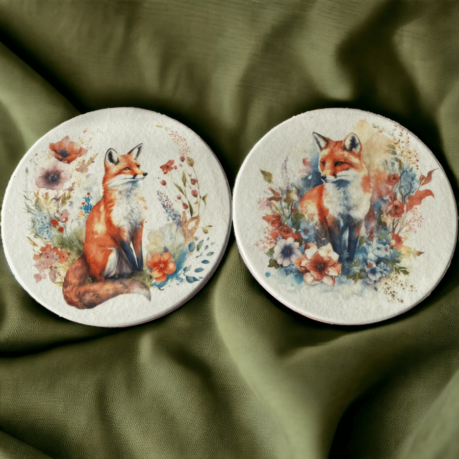 Fox Ceramic Coasters with Decoupaged Designs, Set of 2