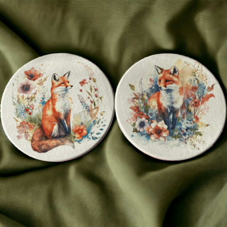 Fox Ceramic Coasters with Decoupaged Designs, Set of 2