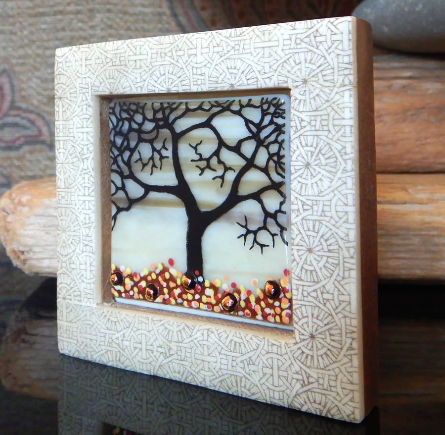 Handmade Fused Glass 'Winter Tree' framed picture.