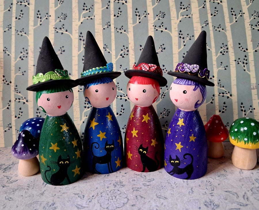 Little Witch Hand-painted peg dolls and toadstool set.