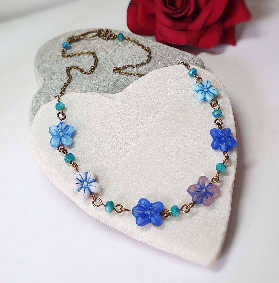 Blue, white & lilac boho flower necklace